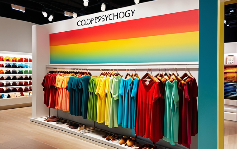 **
A vibrant, eye-catching retail display emphasizing color psychology. Showcase a clothing rack with items strategically arranged by color gradient (reds/yellows transitioning to blues/greens). Highlight how warm colors draw attention while cooler tones create a sense of calm. Consider adding subtle lighting effects to enhance the emotional impact of each color section. In the background, subtly include shoppers reacting to the colors, with some appearing energized and others relaxed. Include the words "Color Psychology in Retail" in a modern, eye-catching font within the image.
**