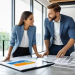 건축자재 마케팅에서의 리드 제너레이션 - A diverse group of professionals, including a female architect in a stylish yet practical business d...