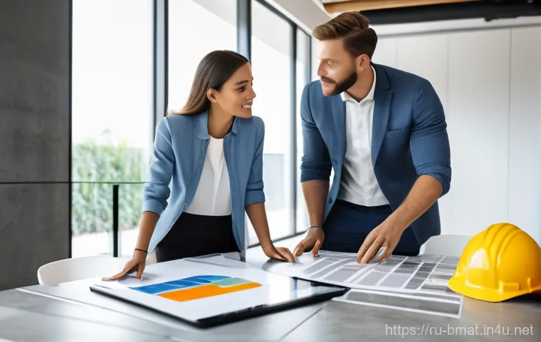 건축자재 마케팅에서의 리드 제너레이션 - A diverse group of professionals, including a female architect in a stylish yet practical business d...