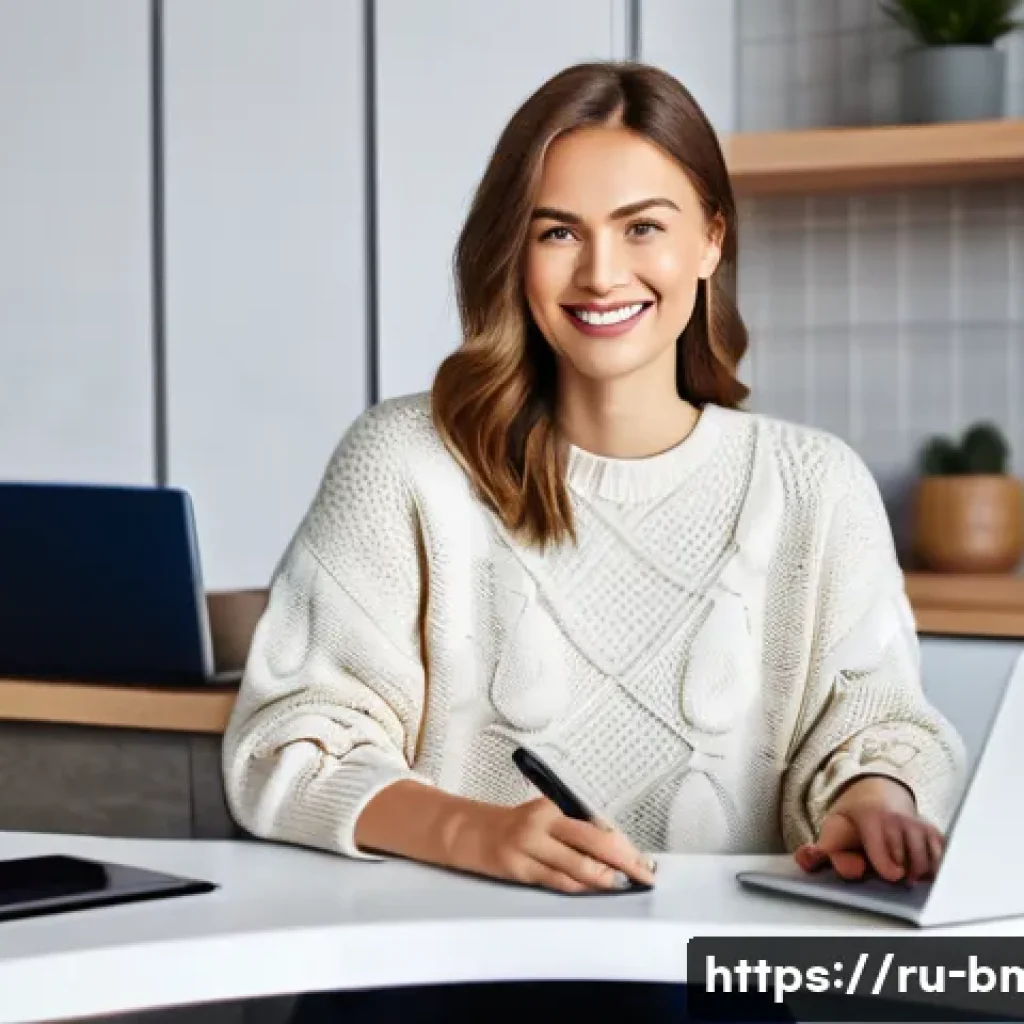 건축자재 마케팅과 전자상거래 E commerce - A well-composed, brightly lit image of a modern Russian woman, late 30s, with a warm smile, sitting ...