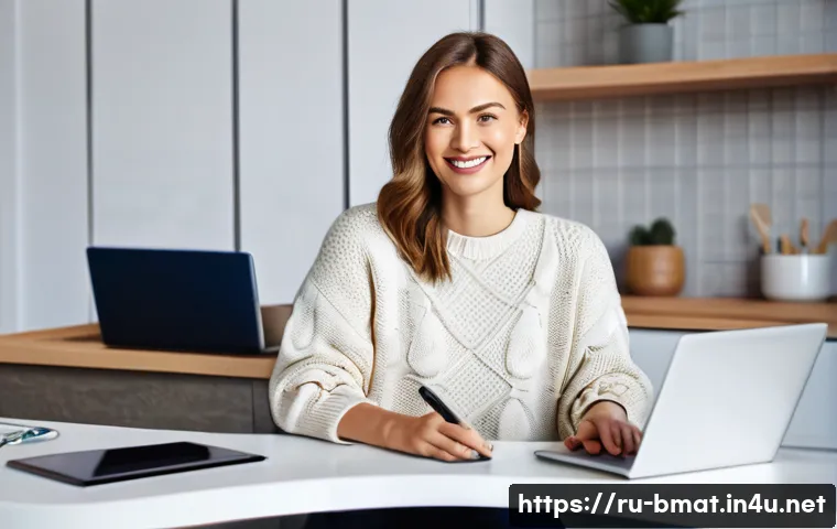 건축자재 마케팅과 전자상거래 E commerce - A well-composed, brightly lit image of a modern Russian woman, late 30s, with a warm smile, sitting ...